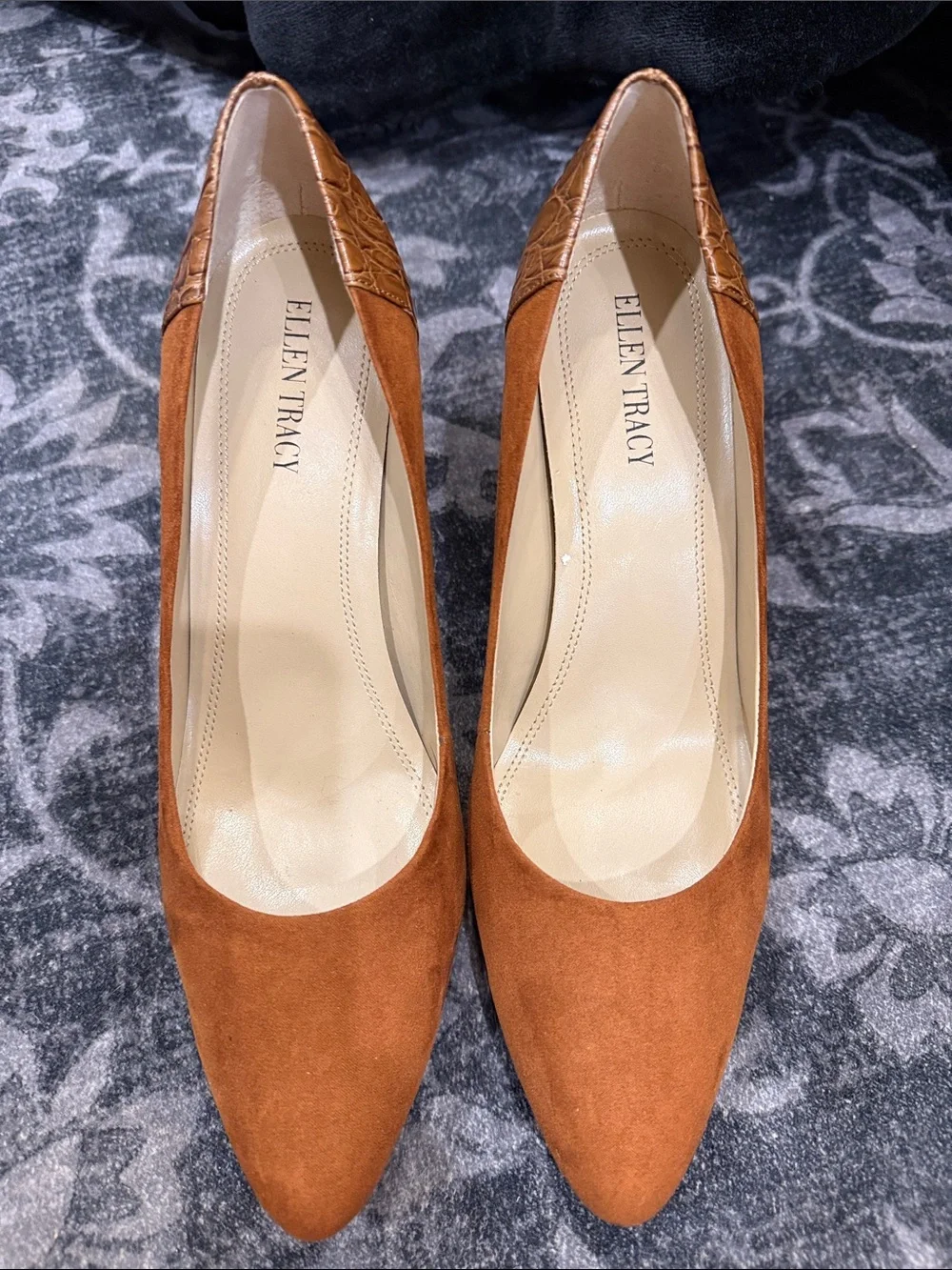 Ellen Tracy Cody Suede Pointed-Toe Pumps with Croc-Embossed Heel Cognac/Brown
